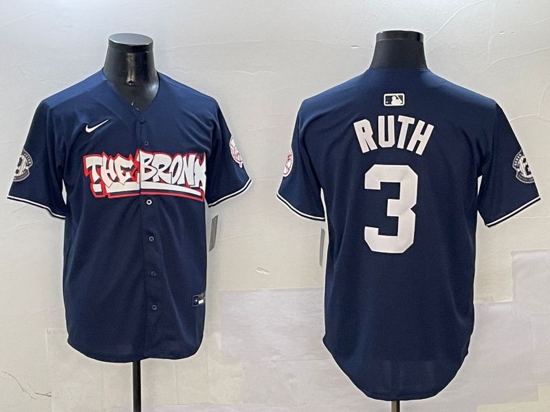 Men New York Yankees #3 Ruth Drak Blue four generations Joint Name 2025 Nike MLB Jersey style 1